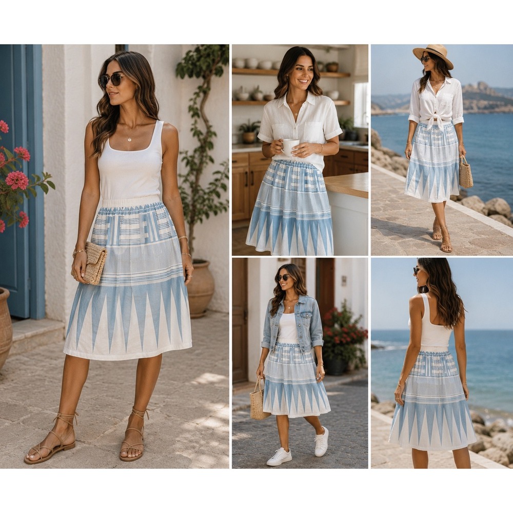 Shabby Apple Blue White Cotton Linen A-Line Midi Skirt Coastal Resort Size 10/12